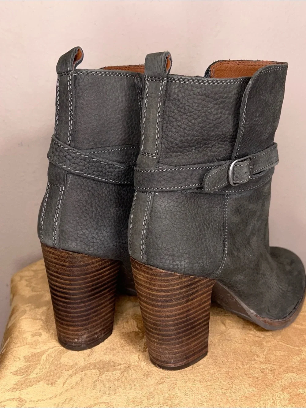 Size 6.5 Lucky Brand Latonya Block Heel Boots Leather Grey Boho Western Bohemian